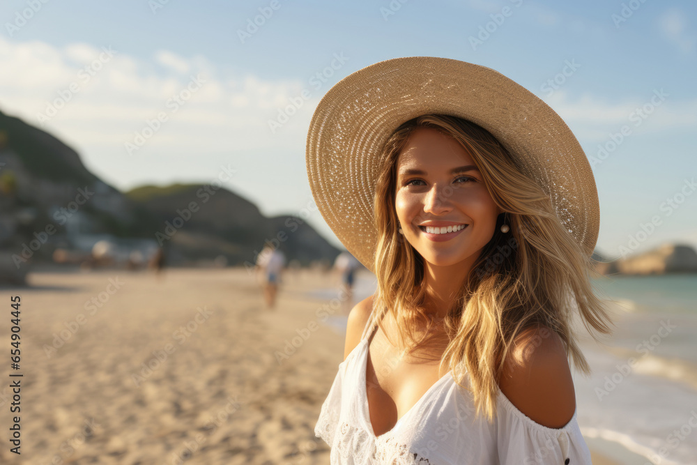 beautiful smiling young woman wearing hat at beach. Copy space for text