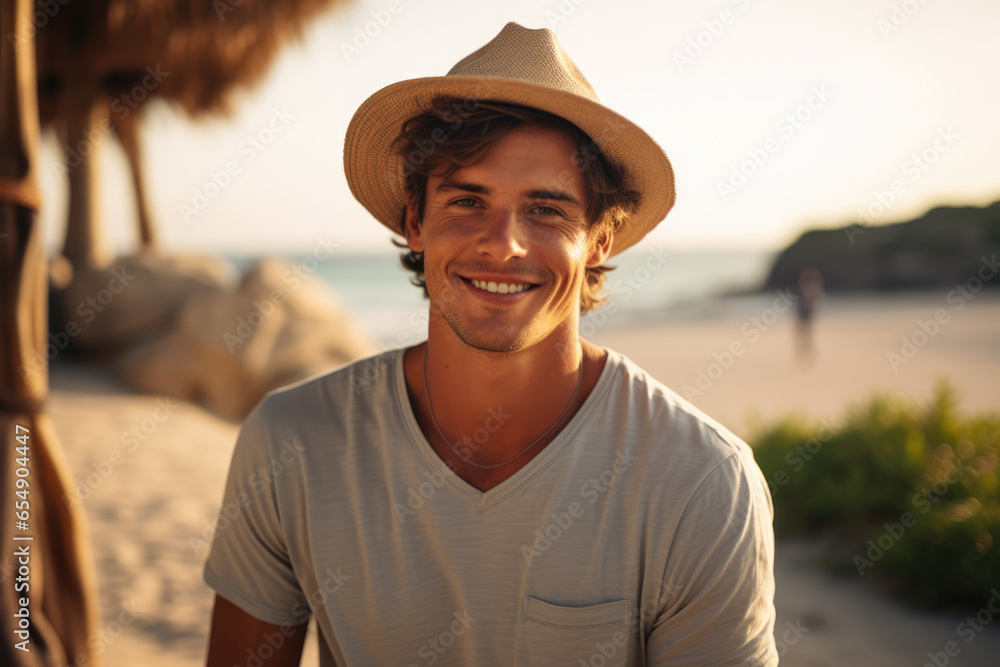 Young handsome man on the beach seashore enjoys his vacation