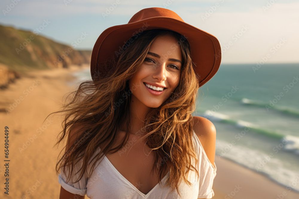 Beautiful smiling young woman on the sandy shore of the ocean or sea