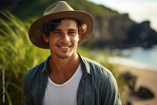 Young smiling man on ocean or sea beach