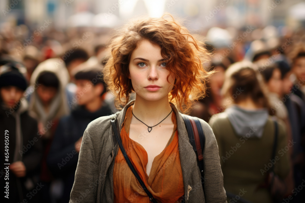 Portrait of a young woman, a girl in a blurred crowd. Uniqueness concept
