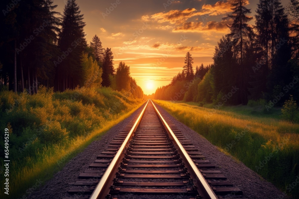 Fototapeta premium Forest trees along a railroad on an summer sunset. Train tracks travel concept. Generative AI 