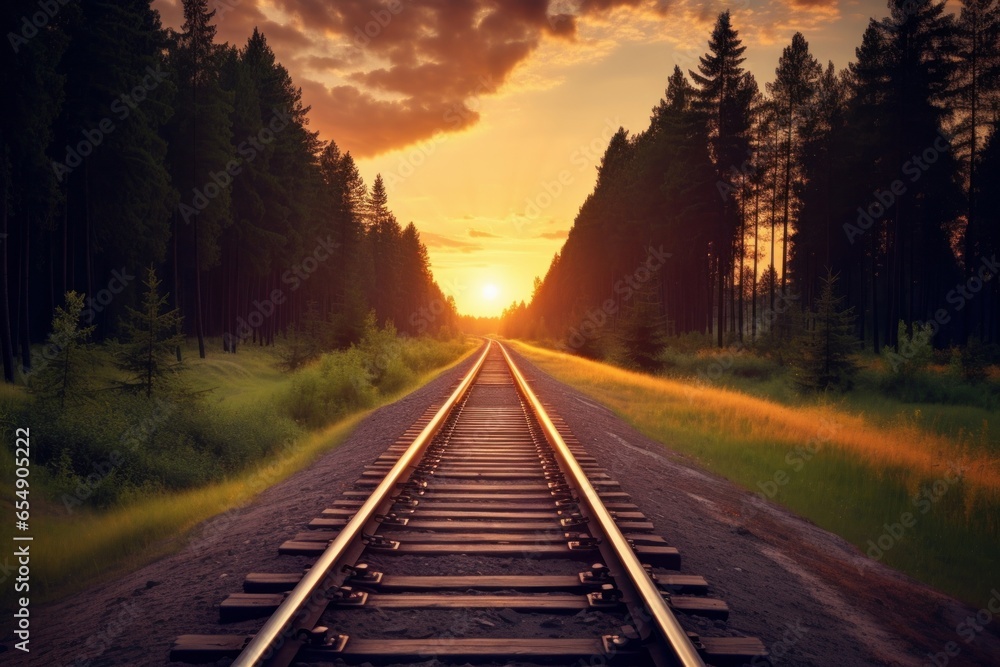 Forest trees along a railroad on an summer sunset. Train tracks travel concept. Generative AI Forest trees along a railroad on an summer sunset. Train tracks travel concept. Generative AI