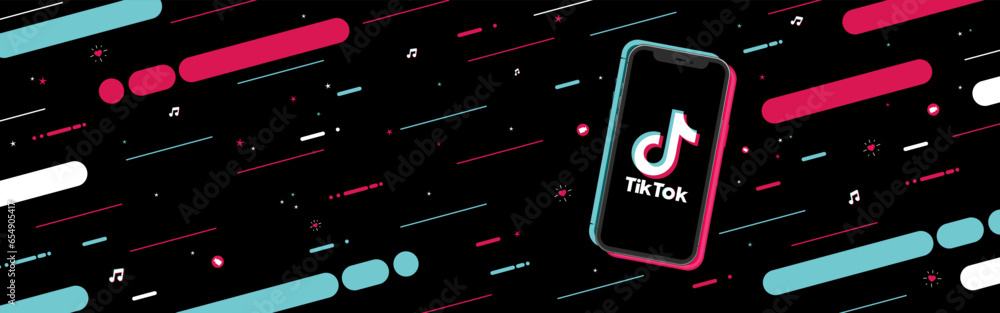 Tik Tok banner with copyspace. Logo on the screen phone with a modern