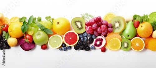 Creating a collage with fresh fruits and vegetables showcases the concept of colorful food © 2rogan