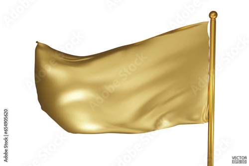 Blank Gold flag on white background. A Golden flag waving in the wind on the flagpole. Gold flag template. 3d vector illustration.