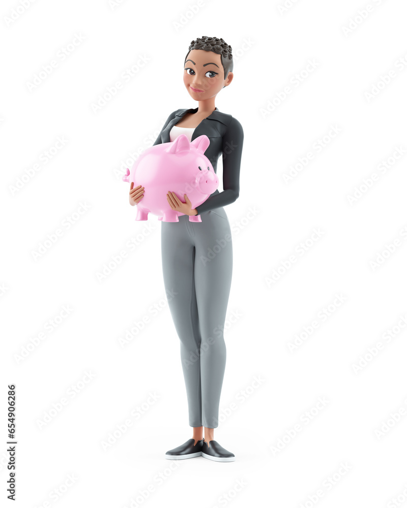 3d character woman standing with piggy bank 3d character woman standing with piggy bank