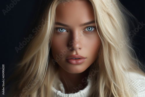 Close-up portrait of a very beautiful young woman with light blue / gray eyes and long blonde hair, wearing a white sweater top - isolated, dark background photo