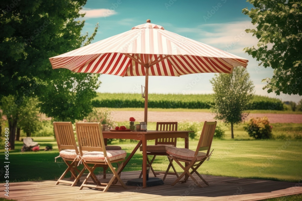 Table, chairs and umbrella outdoors in garden. Summer spring picnic concept. Generative AI 