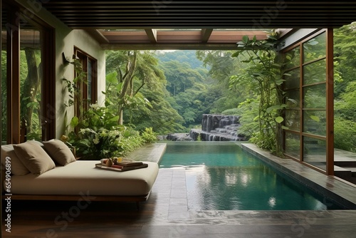 Serene hideaway: chic home and enchanting pool. Generative AI © Eira