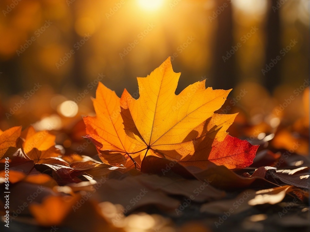 Top view of autumn orange leaf on white wooden deck background, copy space. Generative AI Top view of autumn orange leaf on white wooden deck background, copy space. Generative AI