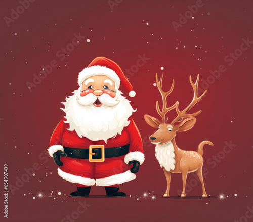 Christmas postcard banner of Santa Claus and deer on red background.Happy New Year and Merry Christmas 