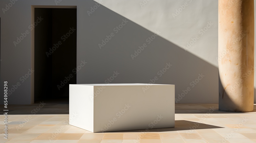Eloquence in Empty Space: An Outdoor Minimalistic Expanse Illuminated by Natural Light, Anchored by a White Rectangular Stone, Set against a Stark Wall's Backdrop Eloquence in Empty Space: An Outdoor Minimalistic Expanse Illuminated by Natural Light, Anchored by a White Rectangular Stone, Set against a Stark Wall's Backdrop