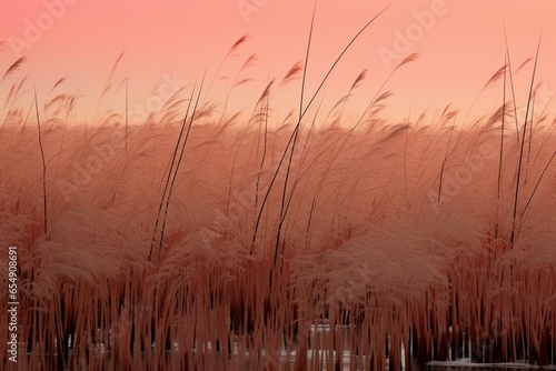 Slim  pinkish reeds in a marsh. Generative AI