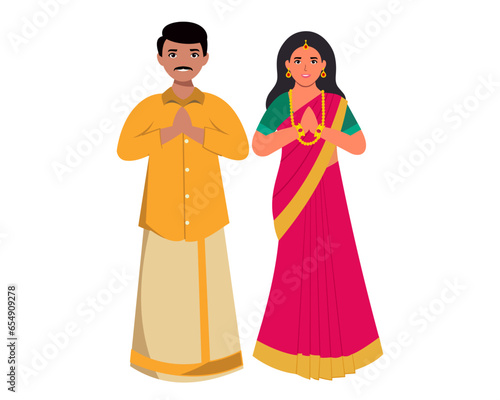 A man and a woman in traditional Indian clothes and saying namaste vector illustration.