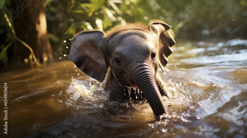 A curious baby elephant splashing in a jungle river, its wrinkled skin glistening with water droplets.