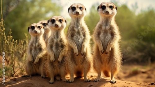A family of inquisitive meerkats standing upright on their hind legs, keeping a watchful eye on their jungle surroundings.