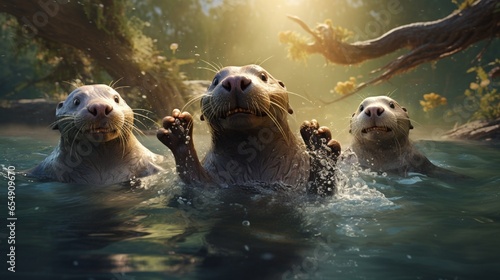 A family of playful otters frolicking in a jungle river, their sleek bodies and joyful antics a heartwarming sight in the wild.