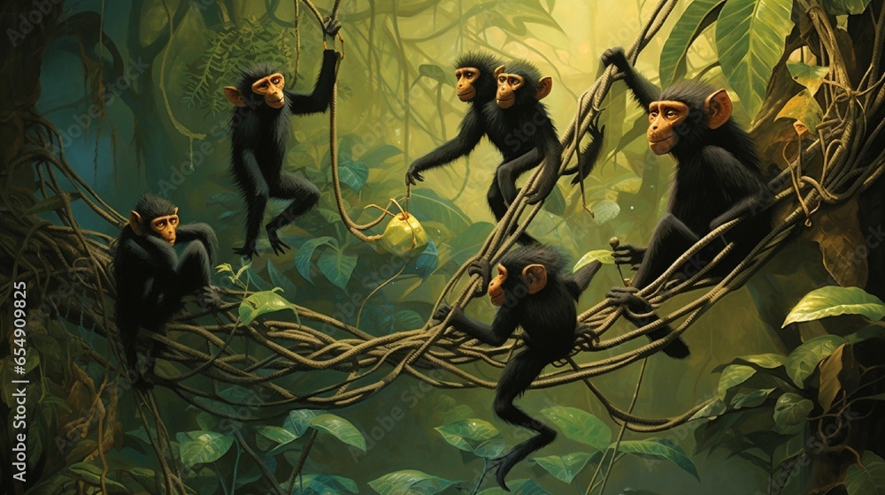A group of rambunctious spider monkeys swinging through the jungle