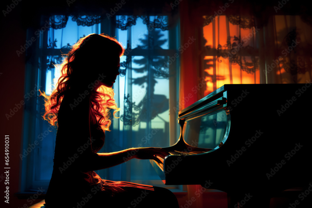 Silhouette of a woman playing the piano