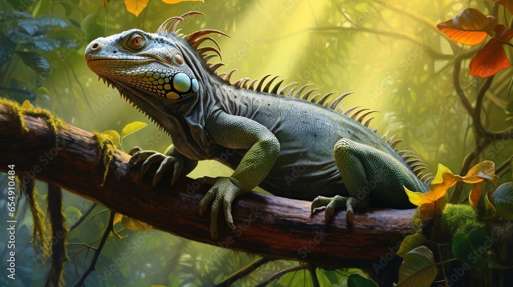 A striking green iguana basking on a sunlit jungle tree branch, its scaly skin blending with the vibrant leaves. A striking green iguana basking on a sunlit jungle tree branch, its scaly skin blending with the vibrant leaves.