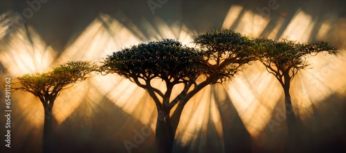 Abstract African DRACAENA CINNABARI tree texture setting sun sunrays filtering through branches minimal 8k realistic  photo