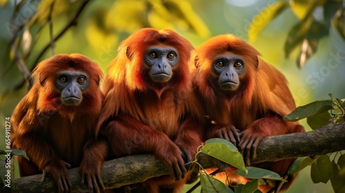 A family of red howler monkeys high in the jungle canopy  their distinctive calls echoing through the dense foliage.