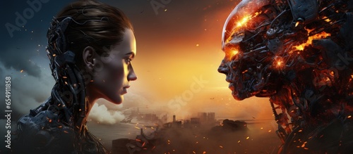 Technological apocalypse AI machines robots and cyborgs capture Earth in a sci fi war with humans with copyspace for text
