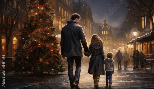 Family Christmas walk through the streets