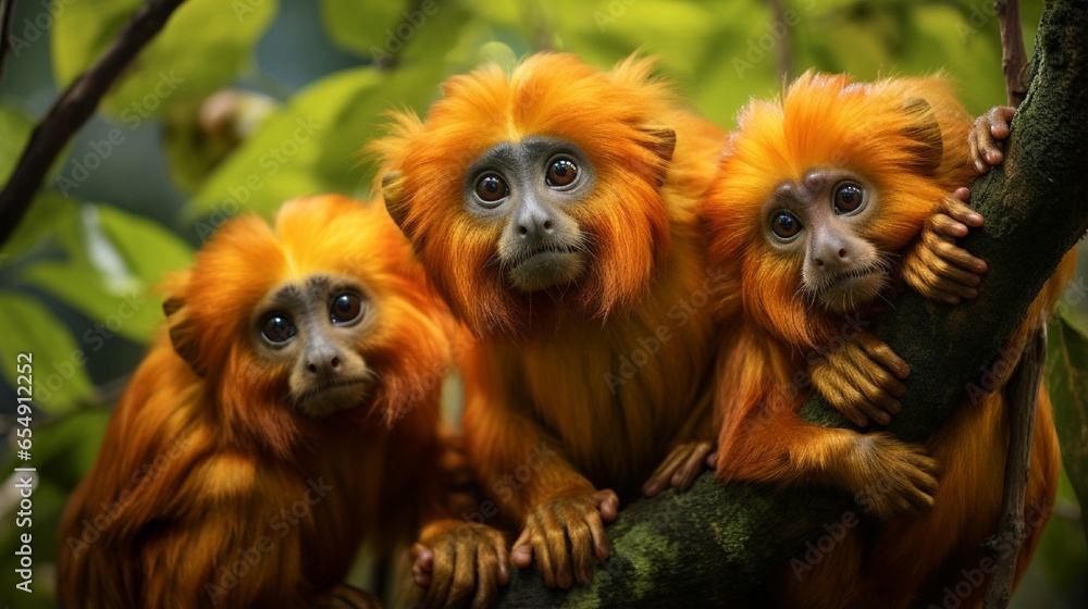 A group of enchanting golden lion tamarins perched in the jungle canopy, their vivid orange fur and expressive faces capturing the essence of the rainforest. A group of enchanting golden lion tamarins perched in the jungle canopy, their vivid orange fur and expressive faces capturing the essence of the rainforest.