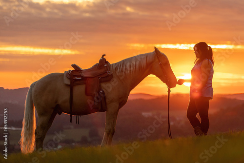 Horse and equestrian team: A young woman and her palomino caballo deporte espanol horse during sundown in summer outdoors © Annabell Gsödl