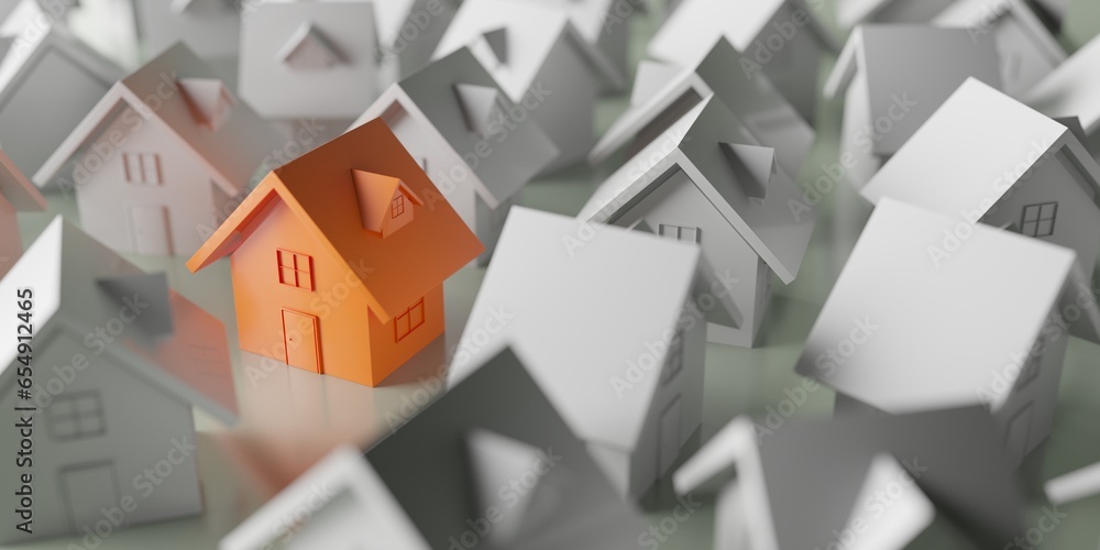 Obraz premium Unique orange house standing out from crowd. Real estate market