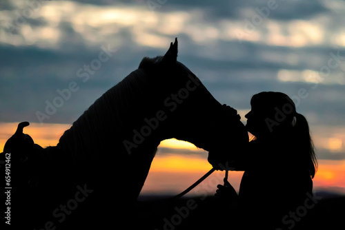 Horse and equestrian team  A young woman and her palomino caballo deporte espanol horse during sundown in summer outdoors