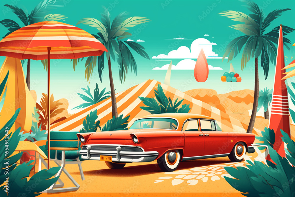 Travel, vacation and leisure concept. Retro vintage minimalist travel colorful illustration with beach and palm trees. Pop- art vintage style. Generative AI