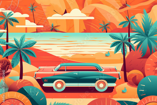 Travel, vacation and leisure concept. Retro vintage minimalist travel colorful illustration with beach and palm trees. Pop- art vintage style. Generative AI