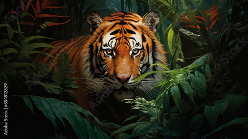 A majestic Bengal tiger prowling through the dense jungle foliage, its vibrant orange coat contrasting with the lush green surroundings.