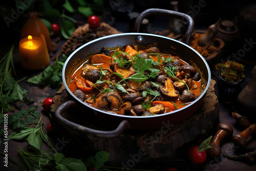 A shot of fiery Thai jungle curry (Kaeng Pa) featuring wild mushrooms and aromatic spices