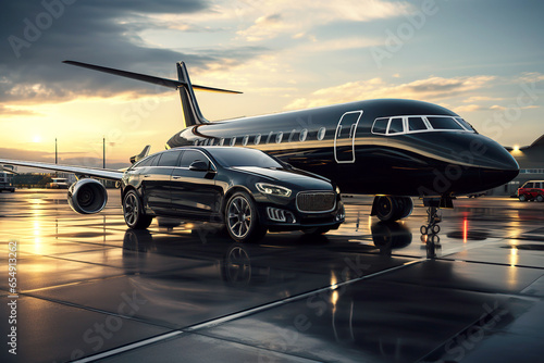 private plane business jet and luxury black car at airport photo