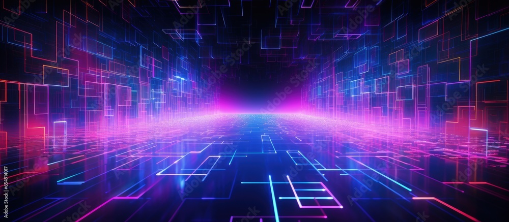 Obraz premium Futuristic illustration of a digital metaverse with neon colors abstract communication and advanced technology with copyspace for text