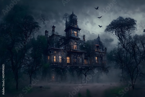 spooky gothic mansion surrounded by trees thunderstorm photorealistic 4k misty ground crows flying in the sky widescreen 