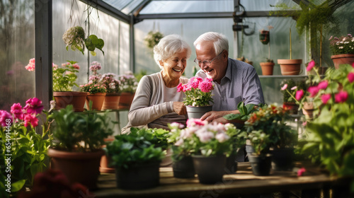 Generative AI, happy elderly man and woman working in the garden, greenhouse, hobby for the elderly, gardening, pots, flowers, plants, pensioners, old age, grandparents, vegetable garden, grandfather © Julia Zarubina