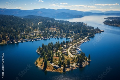 A stunning aerial perspective of Lake Coeur d'Alene in Idaho. An ideal vacation spot with beautiful views. Generative AI