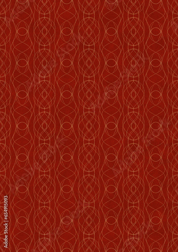 Hand-drawn unique abstract symmetrical seamless gold ornament on a bright red background. Paper texture. Digital artwork, A4. (pattern: p10-1f)