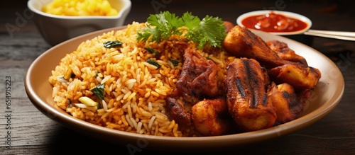 Jollof rice originating in Senegal is a well known dish in West Africa with copyspace for text