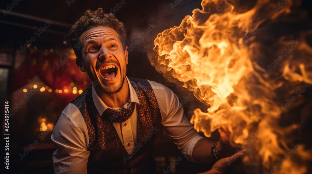 Fire-eater. Daring performer spitting flames with ease - obrazy, fototapety, plakaty 