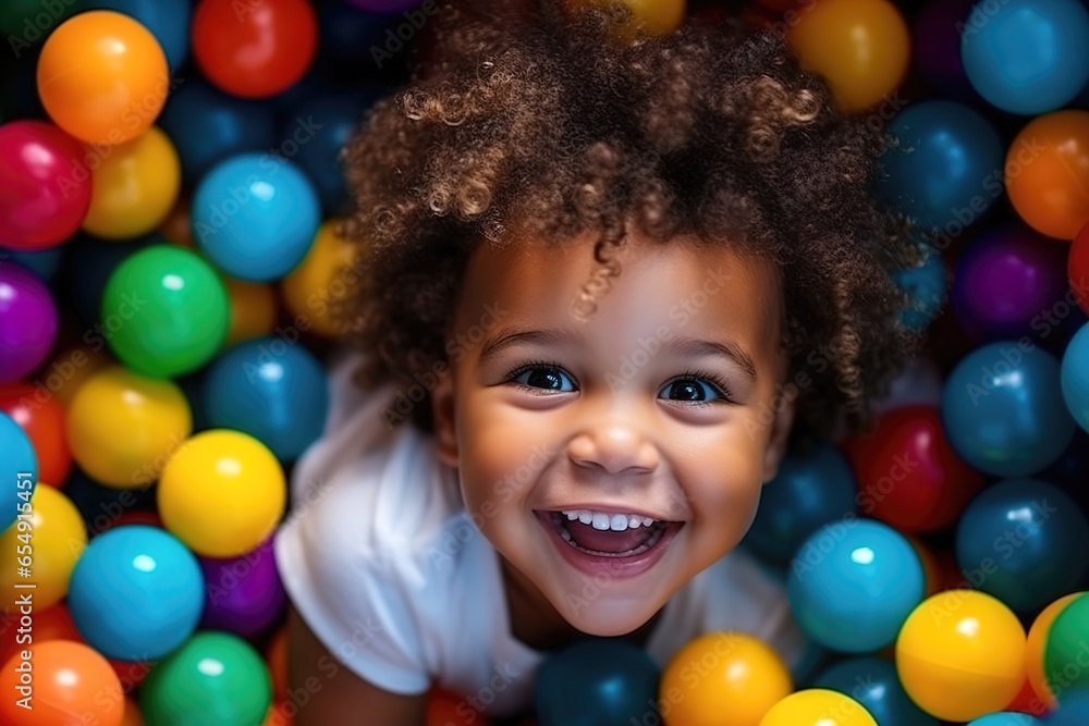  laughing child boy having fun in ball pit on birthday party in kids amusement park and indoor play center, laughing, playing with colorful balls in playground ball pool. - obrazy, fototapety, plakaty 