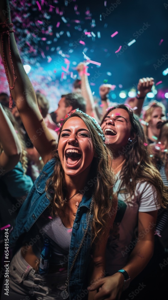 Ecstatic partygoers showered in confetti Ecstatic partygoers showered in confetti