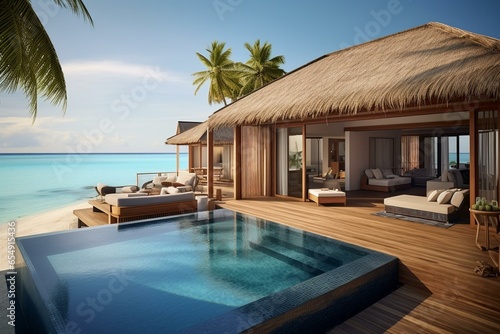 Luxurious oceanfront villas in the Maldives offering serene travel and tourism experiences. Generative AI