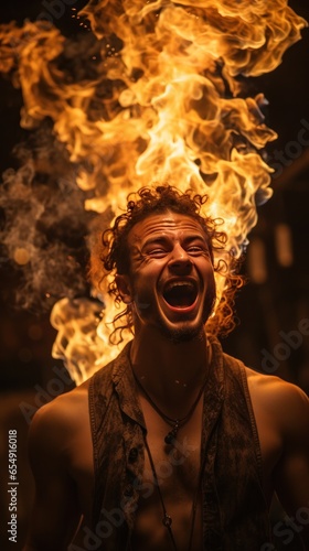Fire-eater. Daring performer spitting flames with ease