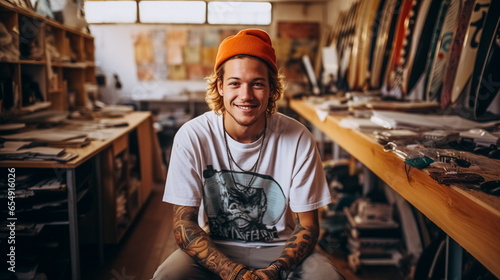 Portrait of a cheerful tattooed man in a red cap and t-shirt standing in a souvenir shop photo